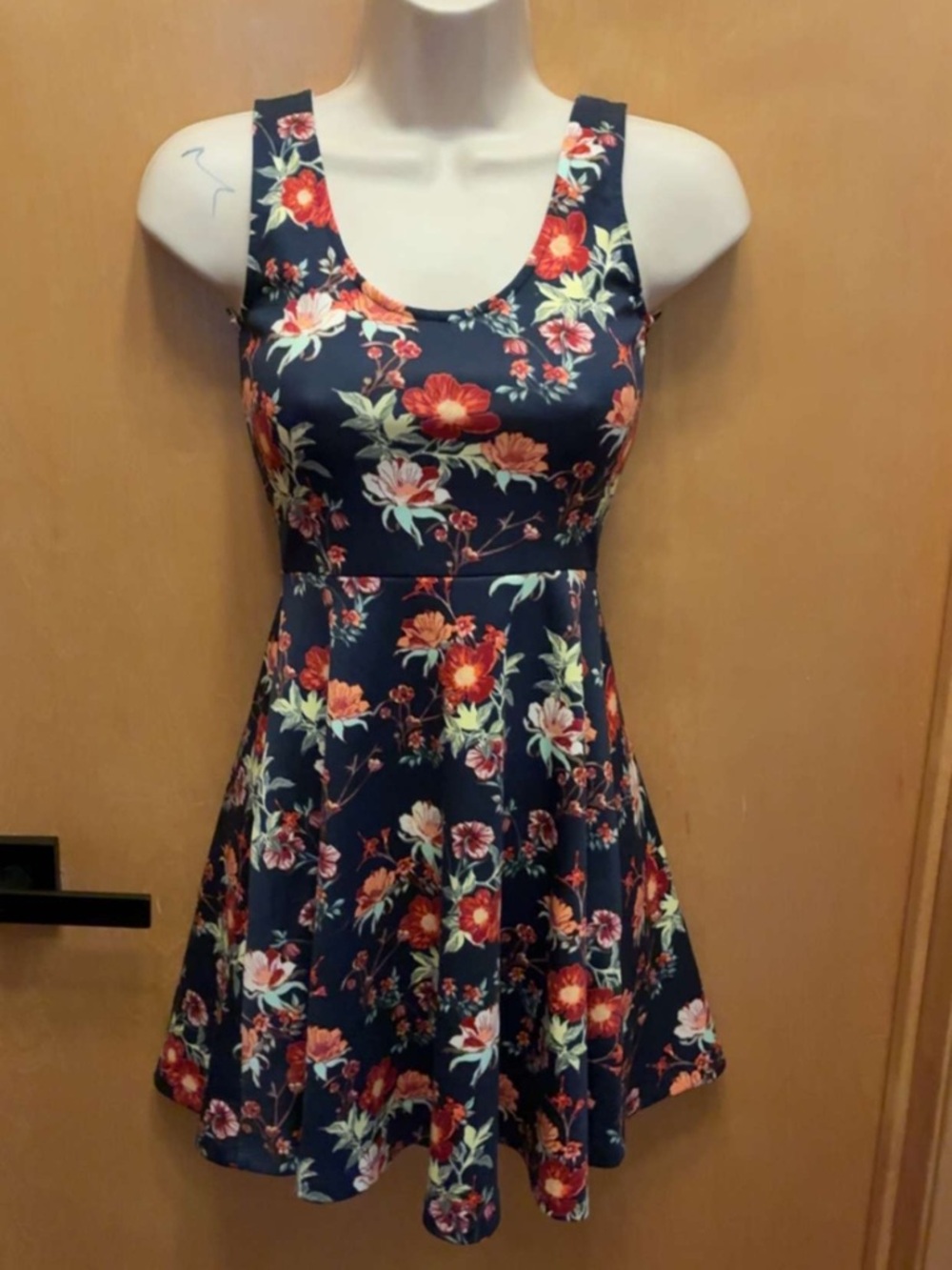 Floral Navy Fit-and-Flare Dress with Red Blossom Print